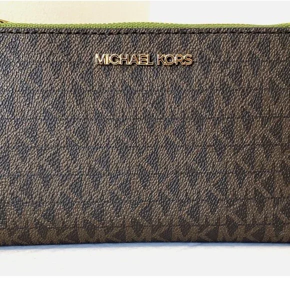 New Michael Kors Jet Set Travel Double Zip Wristlet Wallet Brown / Evergreen - Picture 3 of 6